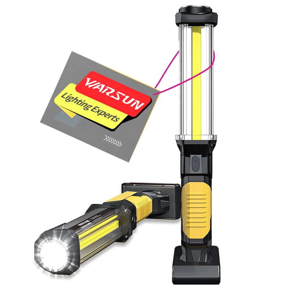 WARSUN Rechargeable COB LED Work Light-Magnetic Hands-Free Trouble Light with Hook, IPX4 Waterproof for Garage Repair, Mens Gifts-Emergency Light Tool for Adults Men Dad (Yellow)