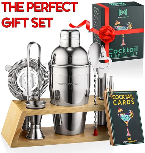 Cocktail Shaker Set Bartender Kit with Bamboo Stand – Professional Martini Shaker, Premium Stainless Steel Shaker Bottle, ...