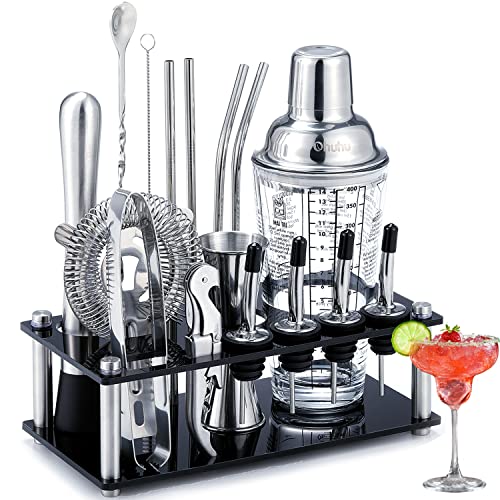 Cocktail Shaker Set Ohuhu 17-Piece Bartender Kit Bar Tool Set with Acrylic Stand Premium Soda-Lime Glass Drink Shaker with...
