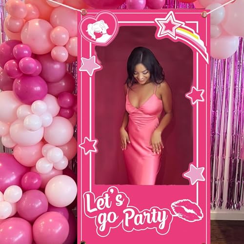 Hot Pink Girls Birthday Decorations Pink Photo Booth Props Princess Doll Theme Decor Let's Go Bachelorette Party Decoratio...