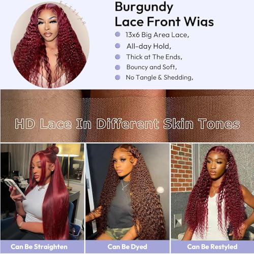 Estilar 99j 13x6 HD Lace Front Wigs Human Hair Burgundy Curly Human Hair Wig with Baby Hair 200 Density Red Deep Wave Lace Front Wigs for Women 22 Inch
