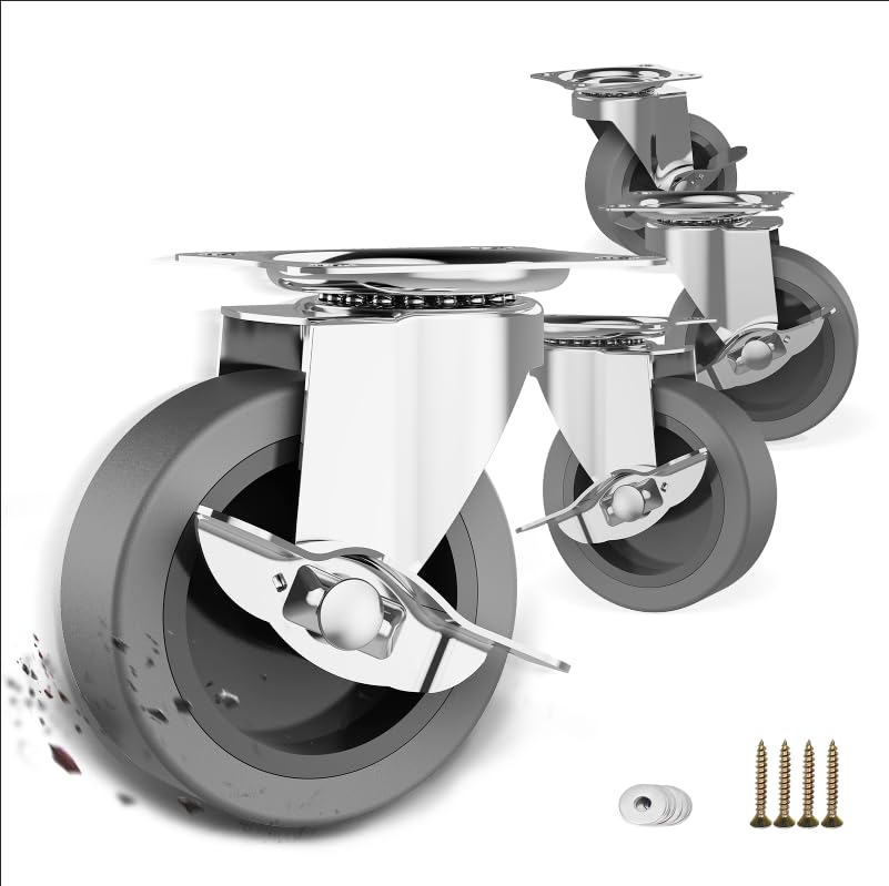 BOSGEOT 3 Inch Caster Wheels, Casters Set of 4, Heavy Duty Caster with Brake, Locking Castors with Rubber Wheel，Plate Swivel Caster Wheels for Furniture Cart and Workbench