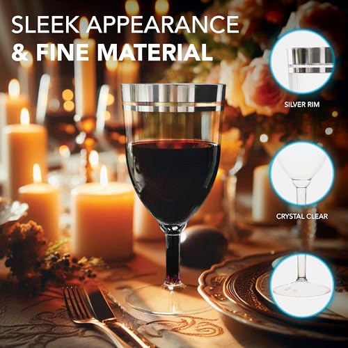 Party Essentials Disposable All-Purpose One-Piece 8 oz Plastic Wine Glasses Cups with Stem, 8-Count, Clear with Silver Rim