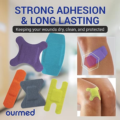 Ourmed Flexible Fabric Bandages with Non-Stick Pad, Latex Free, Rainbow Colors Adhesive Bandage First Aid Wound Care for C...