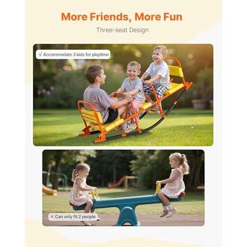 VEVOR Seesaw Teeter Totter for Kids Outdoor, 200 lbs Load Capacity, Metal Rocking Teeter Totter with Handles, Toddler Seesaw for Kids Aged 3+, Playground Equipment for Lawn, Backyard, 3 Seats