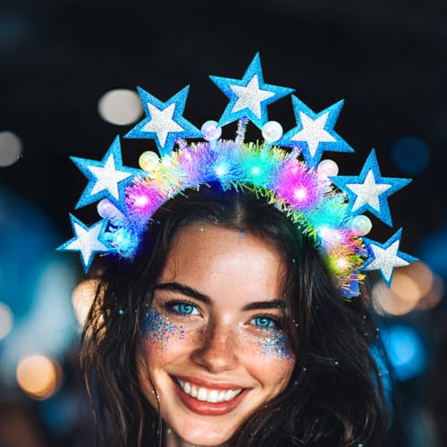 Urieo Light Up Star Headband Led Pearl Halo Headpiece Glow Rave Hair Accessories for Women