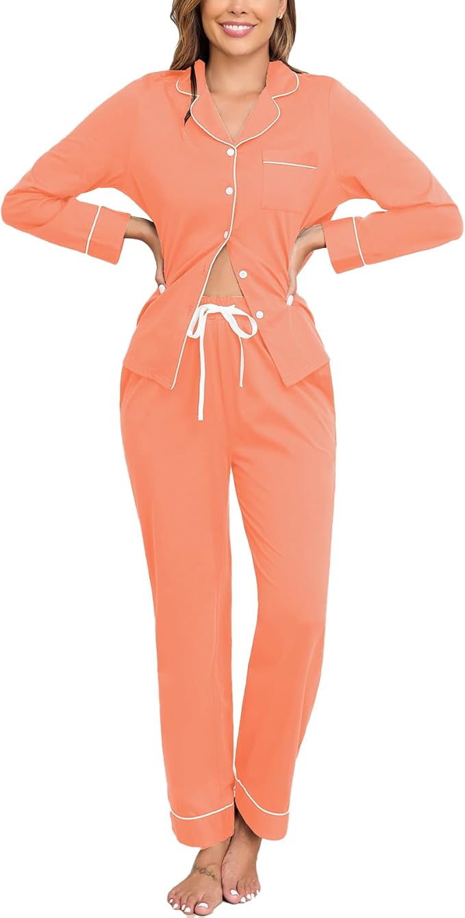 Veseacky 100% Cotton Pajamas for Women Set Long Sleeve Button Down Sleepwear Soft Pjs Lounge Sets with Pockets XS-XXL