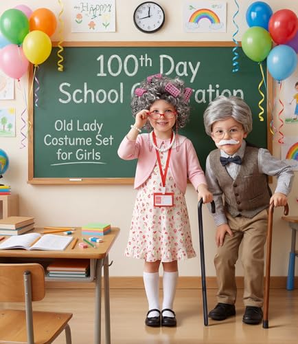 VGOFUN Old Lady Costume for Kids,100 Days of School Costume for Girls,100th Day Grandma Costume Granny Cosplay Dress Up Ou...