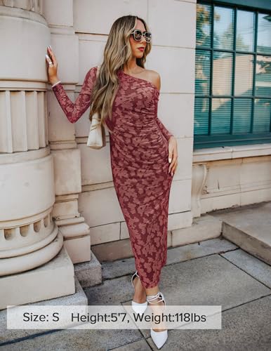 ZESICA Women's Fall Floral Off Shoulder Bodycon Maxi Dresses 2026 Long Sleeve Ruched Elegant Cocktail Party Dress