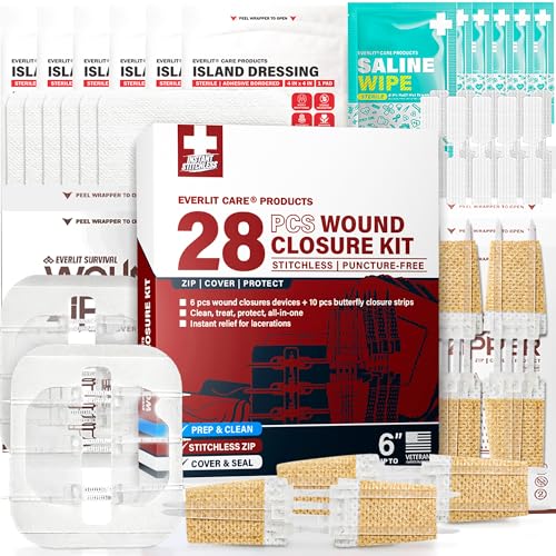 EVERLIT CARE Wound Closure Kit | 28 Pcs All-in-One First Aid with Suture-Free, Stitchless Zip Devices, Butterfly Bandages,...