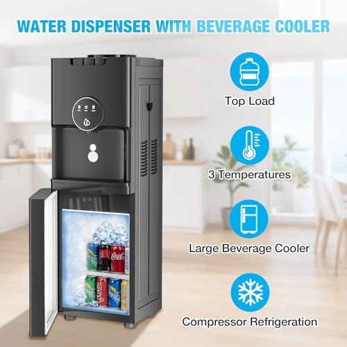 TABU Top Loading Water Cooler with 20CAN Beverage Cooler, Hot & Cold Water Dispenser, for 3 or 5 Gallon Bottle, with Anti-...