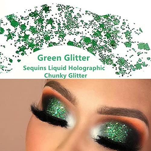 Go Ho Green Face Body Glitter,St Patricks Day Face Glitter Makeup,Green Face Paint Holographic Chunky Sequins Glitters for...