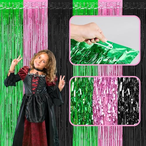 Pink Green Black Foil Fringe Curtains Backdrop Birthday Party Decorations, 4 Pack 3.28 x 6.56 Ft Witch Themed Tinsel Strea...