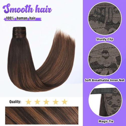 18 Inch Human Hair Ponytail 80g Long Wrap Around Ponytail Brown Balayage Real Hair Ponytail Extension for Women(18inch,Brown Balayage)