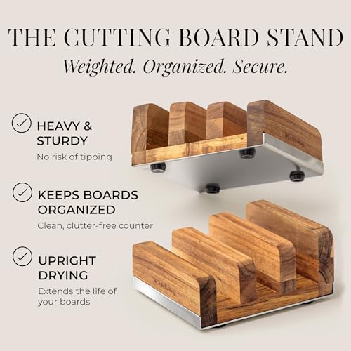Acacia Wood Cutting Board Set with Holder – 4 Piece Wooden Cutting Board Set with Stand – Reversible Charcuterie Tray with...