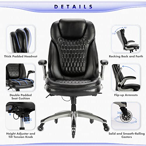 Executive Office Chair-Ergonomic Computer Desk Chair, High Back Leather Chair with Padded Flip-up Arms, Swivel Home Office...