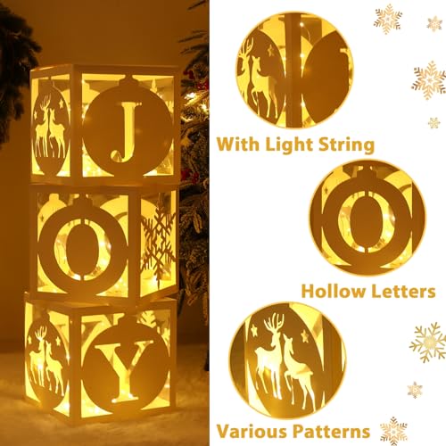 Light Up Christmas Decorations Indoor - 3pcs White Hollow-Out Paper Joy Boxes with Warm Light String, Holiday Fireplace Ch...