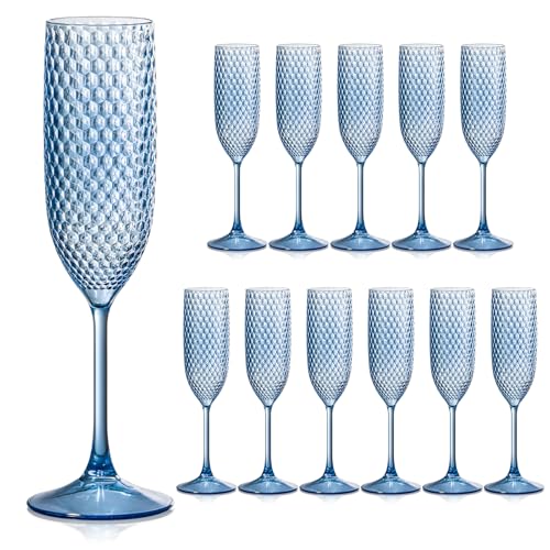 12 Pack Plastic Champagne Flutes Vintage Light Blue Goblet Champagne Glasses Unbreakable Wedding Toasting Glasses Diamond ...