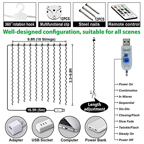ZSJWL 300 LED Curtain Fairy Lights with Remote, 8 Modes 9.8 × 9.8 Ft Curtain String Light USB Plug in, Twinkle Silver Wire...