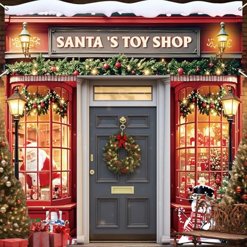 Xmas Santa's Door Cover Christmas Santa's Toy Shop Door Decorations Christmas Party Porch Banner Xmas Hanging Background f...