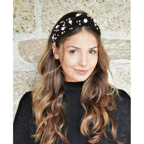 Brimekichio Black Headband for Women Girls Pearl Knotted Headband Clear Rhinestone Head Band Black Hair Accessories Women