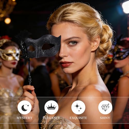 BEARAE Masquerade Mask for Women with Stick, Feather Venetian Masks, Costume Mask for Mardi Gras Gatsby Party Decoration