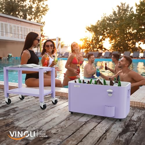 VINGLI Patio Cooler, Rolling Ice Chest on Wheels, Portable Patio Party Bar Drink Cooler Cart, with Shelf, Beverage Pool wi...