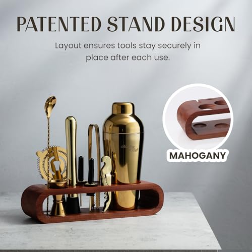 Mixology & Craft Cocktail Shaker Set with Dark Bamboo Stand - Professional 10-Piece Bartender Kit - Complete Bar Set & Coc...