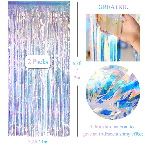 Iridescent Party Streamers Backdrop - GREATRIL Neon Transparent Holographic Tinsel Foil Fringe Curtain for Mermaid/Frozen/...