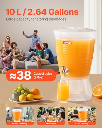 VEVOR Beverage Dispenser, 2.64 Gallon Drink Dispenser for Parties, Plastic Juice Dispensers with Spigot Ice Chamber, Iced ...
