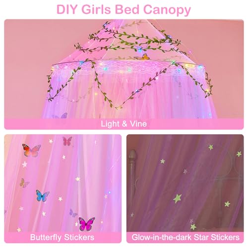 FIOBEE Bed Canopy for Girls Room Bed Canopy Curtains with Led Lights Mosquito Net DIY Princess Room Décor with Stars Butte...
