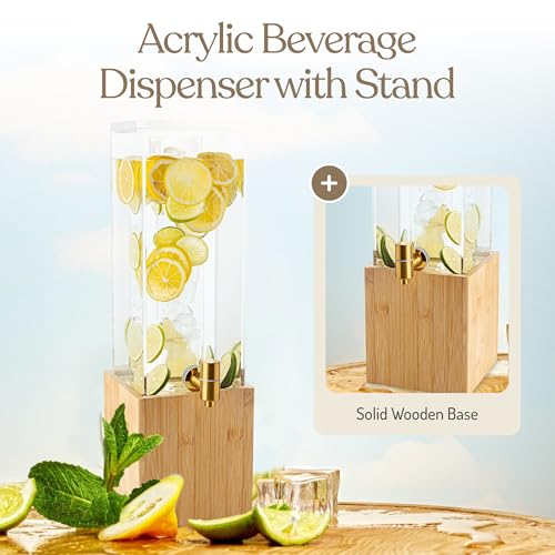 1.25 Gallon Acrylic Beverage Dispenser with Bamboo Stand – Iced Drink Dispenser with Stainless Steel Spigot & Built-in Ice...