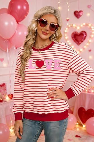 KIDDAD Valentine Sweatshirts for Women Love Heart Print Sweater Valentines Sequins Shirt Embroidered Striped Pullover