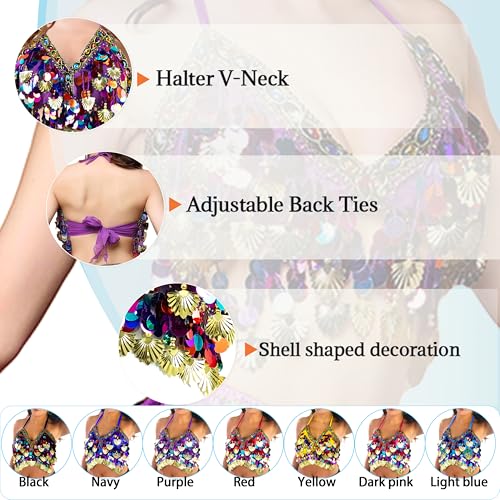 Wuchieal Sequin Halter Bra Tops Salsa Belly Dance Boho Festival Clubbing Tribal Bra Gold Shell Top