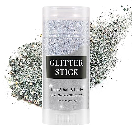 MEICOLY Silver Body Glitter Stick,Waterproof Halloween Face Glitter Gel,Chunky Glitter Face Paint,Mermaid Sequin Hair Glit...