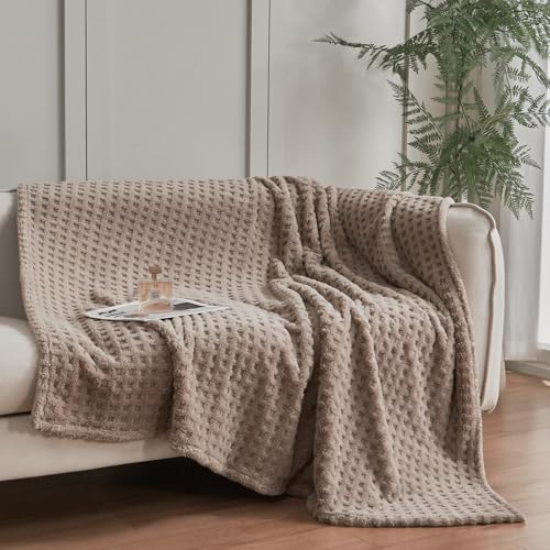 Serenhom Soft Cozy Fuzzy Fleece Throw Blanket, Waffle Light Taupe, 50x60 Inches – Lightweight, Fluffy, and Warm 3D Jacquar...