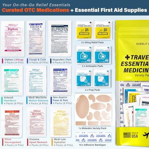 EVERLIT CARE Travel Essential Medicine First Aid Kit Refill Pack I Bonus Medical Supplies I TSA Compliant Mini Size Medkit...