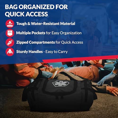 Fully Stocked Trauma First Aid Kit – First Responder II Bag with Tools, Gauze, Bandages, Scissors & Gloves – Compact & Por...