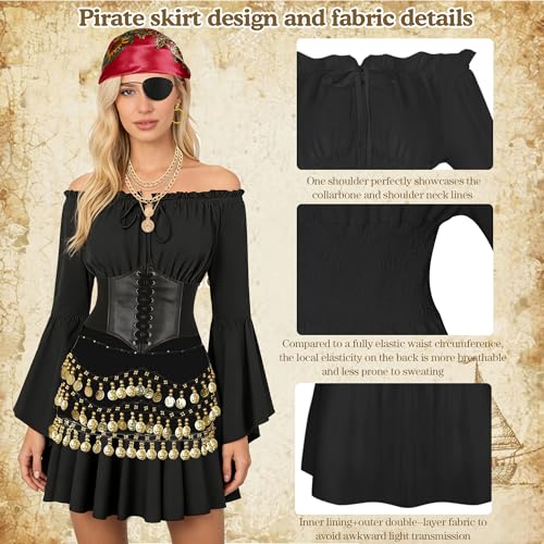 INFLATJOY Pirate Costume Women with Off Shoulder Dress Gold Sequin Belt Accessories Halloween Set Costume