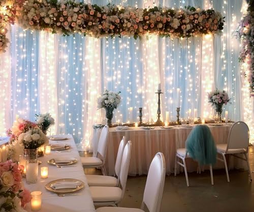 20ft X 10ft White Tulle Wedding Backdrop Curtains with Lights String 4 Panels Sheer Backdrop Curtains for Parties Bridal S...