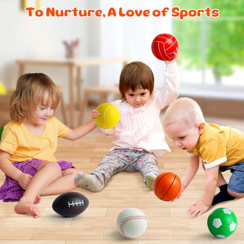 Billeeit Mini Sports Balls Set for Toddler 1-3, Sports Bag for Kids, Include 1 Each of 3.5" Foam Soccer, Tennis Ball, Bask...