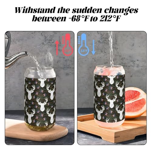 PPIKTC 16oz Borosilicate Tumbler with Lid & Glass Straw, Cool Deer Camo Camouflage American Flag Hunting Black, Hot/Cold D...
