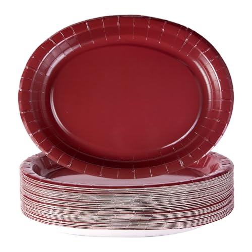 50Pcs Burgundy Oval Paper Plates 10" x 12" Heavy Duty Maroon Wine Dark Red Party Disposable Plates Valentines Day Dessert ...
