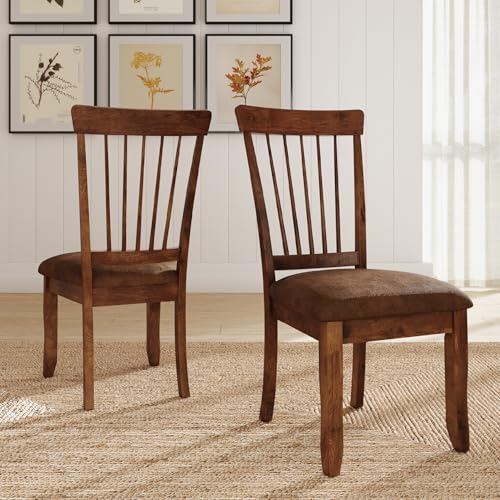 Signature Design by Ashley Berringer | Spindle Back 18" Dining Chairs (Set of 2) – Rustic Light Brown with Upholstered Cus...