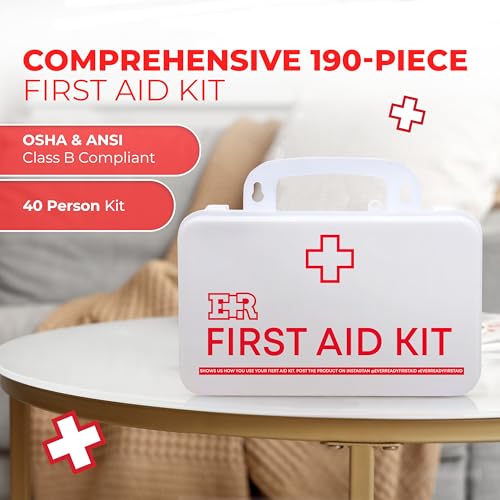 Class B OSHA ANSI Compliant First Aid Kit – Emergency Medical Supplies in Wall-Mountable Plastic Case for Workplace, Offic...