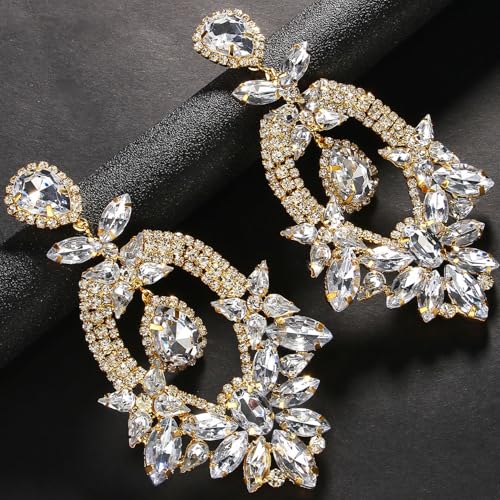 Silver Chandelier Earrings for Women Trendy, Oversized Big Crystal Rhinestone Statement Earrings Dangling Formal Pageant E...