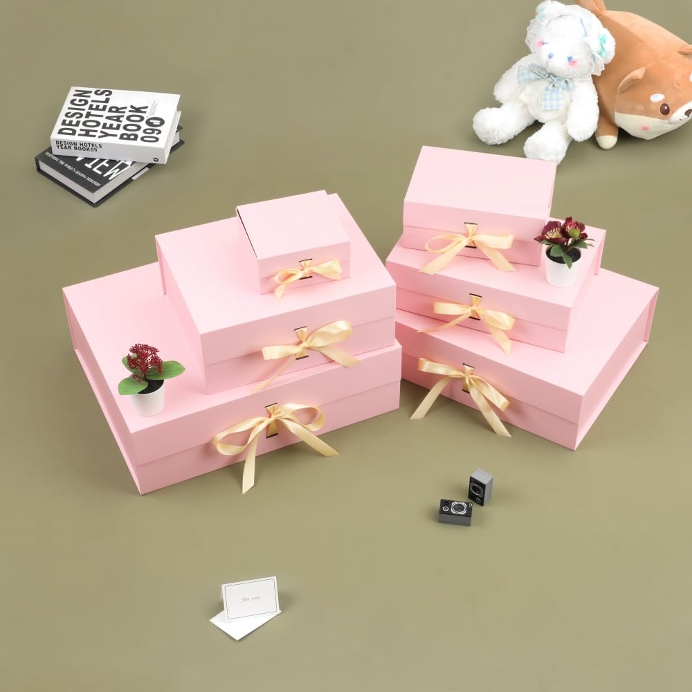 Skivra Large Pink Gift Box with Ribbon - 16.5x13x5.3 Inch Extra Large Collapsible Luxury Gift Box for Mother's Day with Magnetic Closure & Shredded Paper Filler
