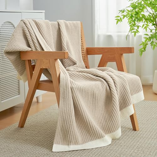 Amélie Home Waffle Throw Blanket for Couch, Soft Cozy Chenille Knit Blanket Warm Decorative Throw for Sofa, 50"x60", Beige
