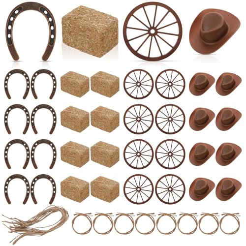 Ovveroche 40 Pcs Western Party Centerpieces for Table Mini Cowboy Hats Mini Horseshoes Wagon Wheels Hay Bales Twisted Hemp...