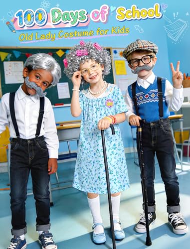 Jeowoqao Old Lady Costume for Kids, 100 Days of School Costume Girls Old Lady Dress，Granny Wig with Wig Cap Grandma Dress ...